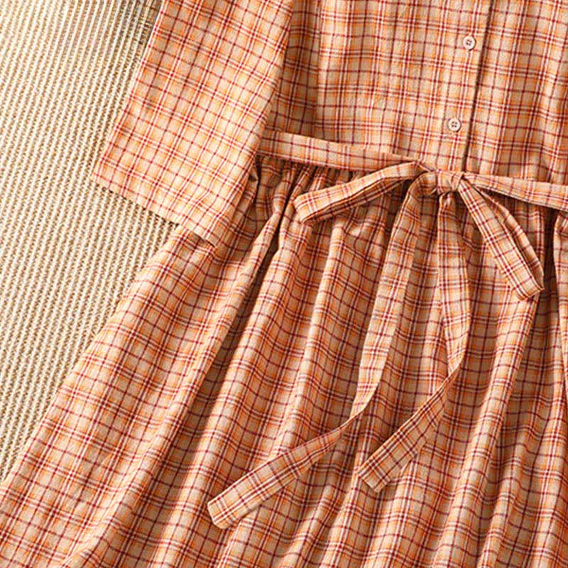 Buddha Stones Summer Casual Vintage Plaid Women's Three-Quarter Sleeve Dress With Pocket - image 9