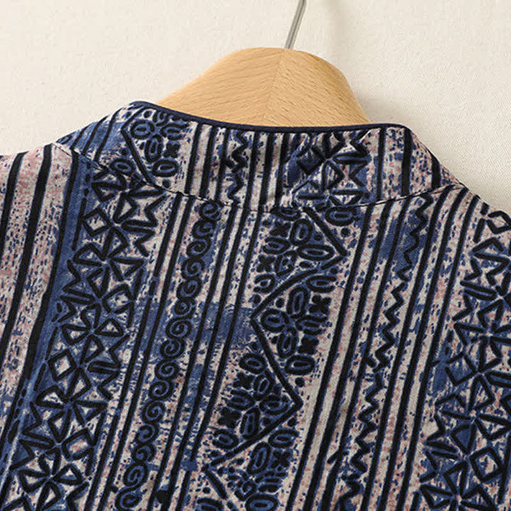 Buddha Stones Summer Tang Style Boho Mandarin Collar Geometric Women's Three-Quarter Sleeve Dress With Pocket - image 3