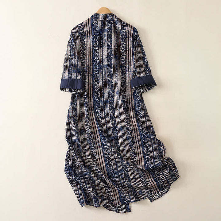 Buddha Stones Summer Tang Style Boho Mandarin Collar Geometric Women's Three-Quarter Sleeve Dress With Pocket - image 1