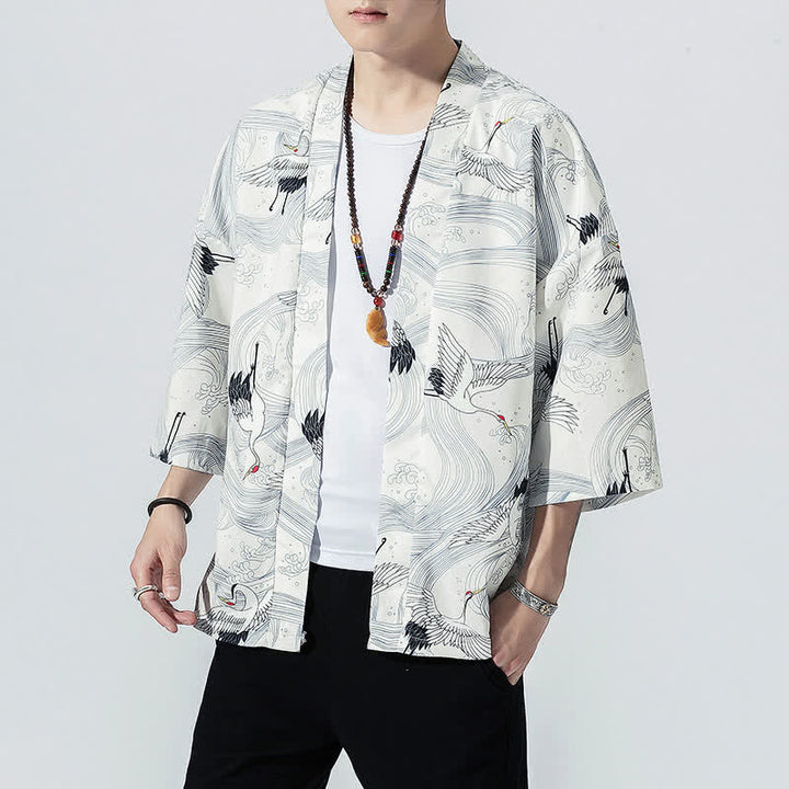 Buddha Stones Summer Casual Vintage Open Front Crane Wave Print Men's Kimonos - image 15