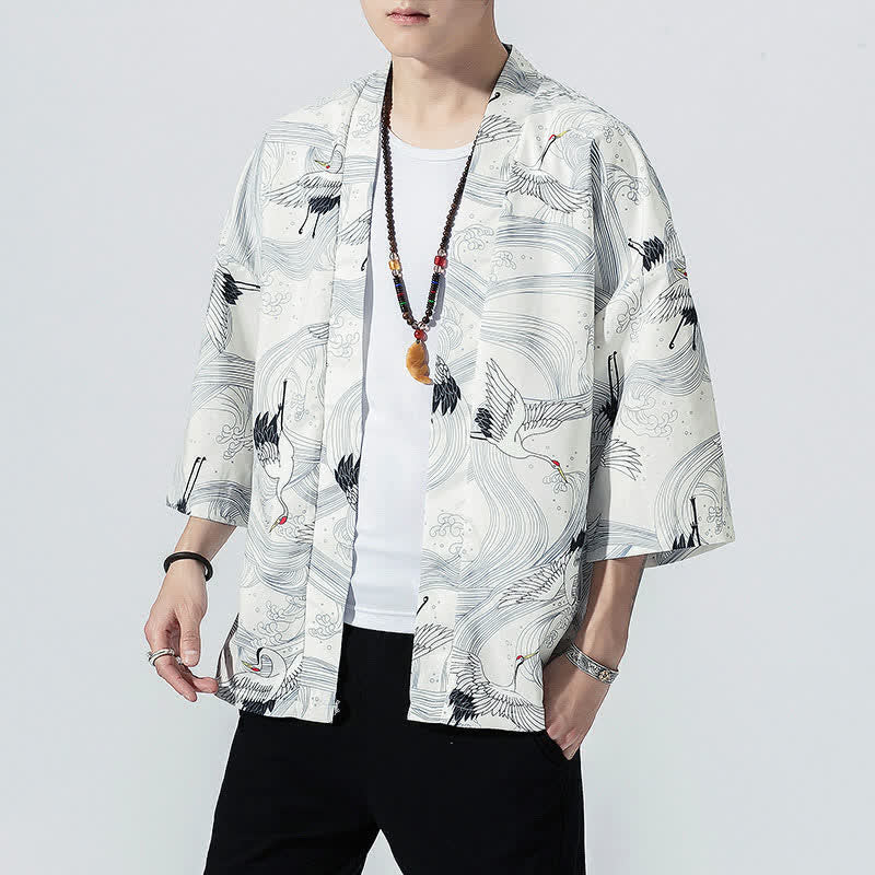 Buddha Stones Summer Casual Vintage Open Front Crane Wave Print Men's Kimonos - image 12