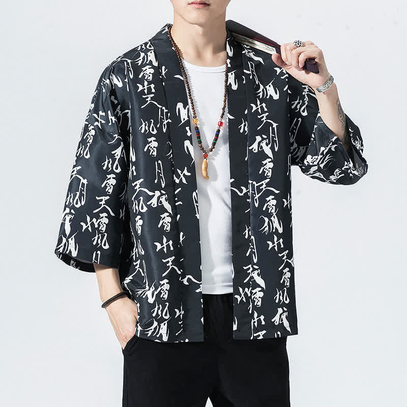 Buddha Stones Summer Casual Vintage Open Front Crane Wave Print Men's Kimonos - image 11