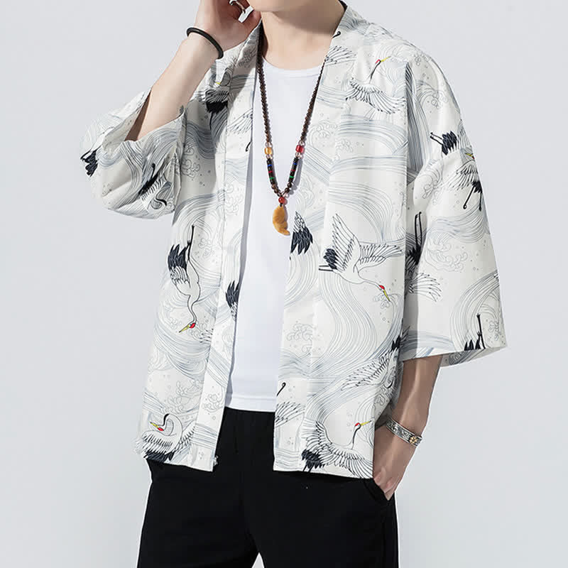 Buddha Stones Summer Casual Vintage Open Front Crane Wave Print Men's Kimonos - image 13