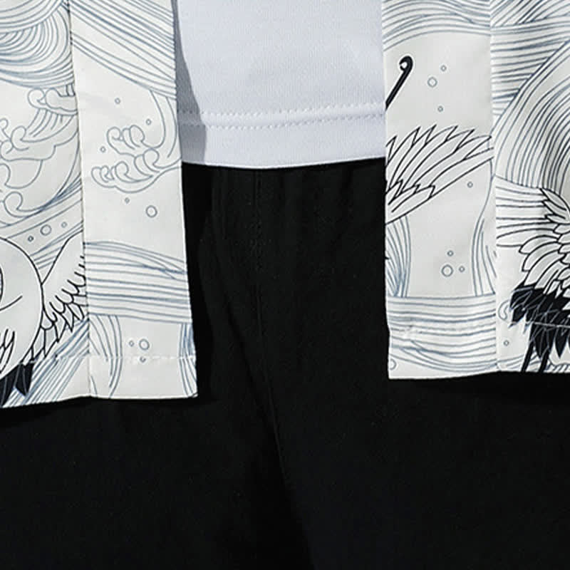 Buddha Stones Summer Casual Vintage Open Front Crane Wave Print Men's Kimonos - image 18