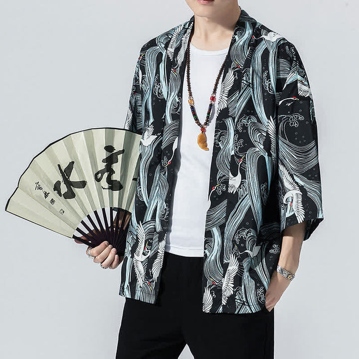 Buddha Stones Summer Casual Vintage Open Front Crane Wave Print Men's Kimonos - Black - US/UK/AU46, EU56 (5XL) - image 0