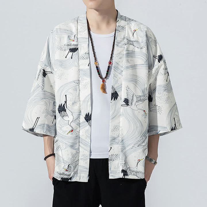 Buddha Stones Summer Casual Vintage Open Front Crane Wave Print Men's Kimonos - White - US/UK/AU46, EU56 (5XL) - image 13