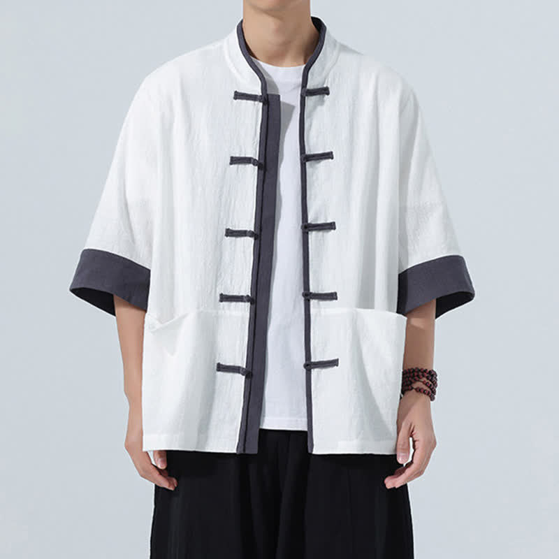 Buddha Stones Summer Casual Tang Style Frog Button Solid Cotton Men's Short Sleeve Shirts With Pocket - image 25