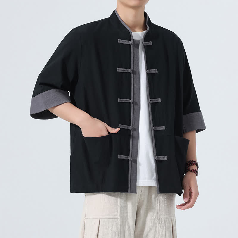 Buddha Stones Summer Casual Tang Style Frog Button Solid Cotton Men's Short Sleeve Shirts With Pocket - image 20