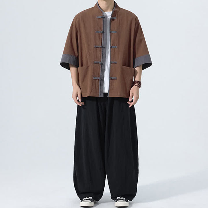 Buddha Stones Summer Casual Tang Style Frog Button Solid Cotton Men's Short Sleeve Shirts With Pocket - image 14