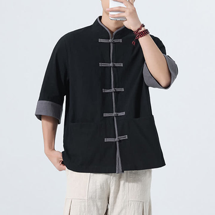 Buddha Stones Summer Casual Tang Style Frog Button Solid Cotton Men's Short Sleeve Shirts With Pocket - image 21