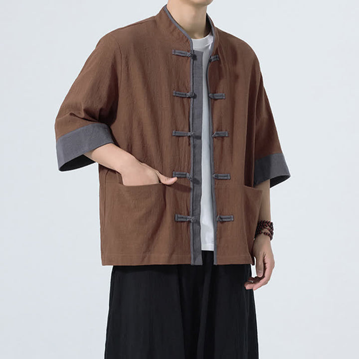 Buddha Stones Summer Casual Tang Style Frog Button Solid Cotton Men's Short Sleeve Shirts With Pocket - image 12