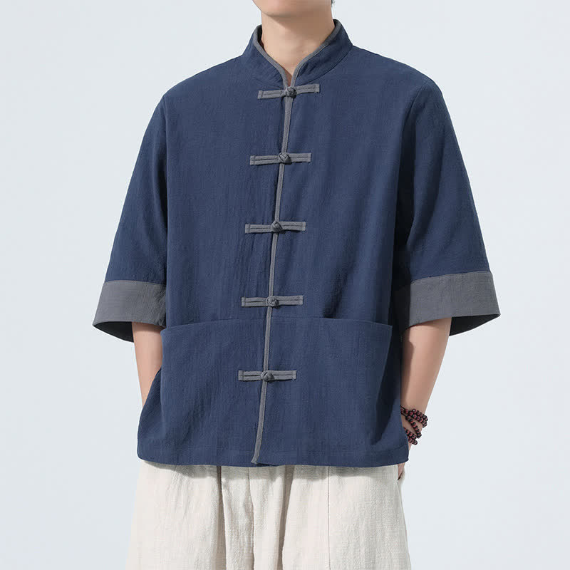 Buddha Stones Summer Casual Tang Style Frog Button Solid Cotton Men's Short Sleeve Shirts With Pocket - image 1