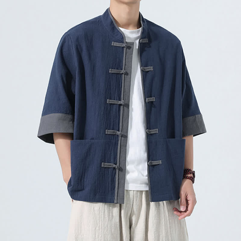 Buddha Stones Summer Casual Tang Style Frog Button Solid Cotton Men's Short Sleeve Shirts With Pocket - image 5