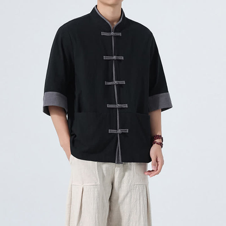 Buddha Stones Summer Casual Tang Style Frog Button Solid Cotton Men's Short Sleeve Shirts With Pocket - image 19