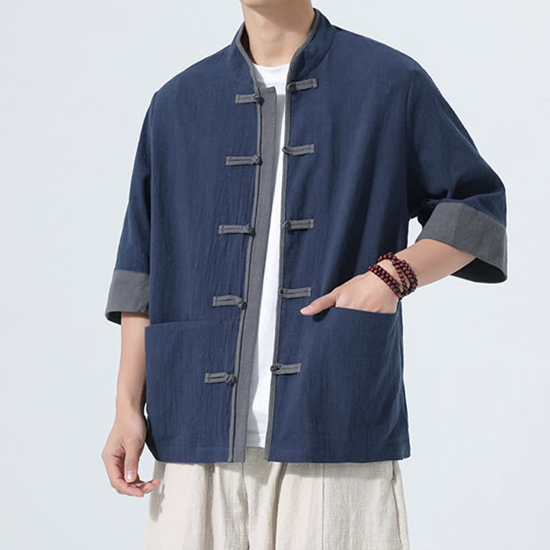 Buddha Stones Summer Casual Tang Style Frog Button Solid Cotton Men's Short Sleeve Shirts With Pocket - image 4