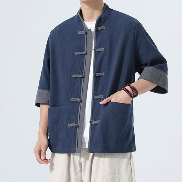 Buddha Stones Summer Casual Tang Style Frog Button Solid Cotton Men's Short Sleeve Shirts With Pocket - image 4