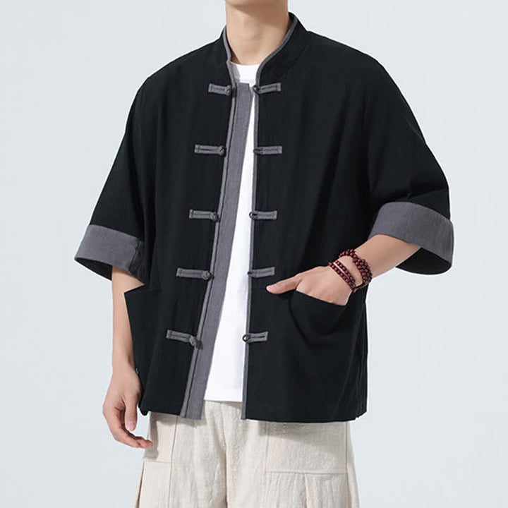 Buddha Stones Summer Casual Tang Style Frog Button Solid Cotton Men's Short Sleeve Shirts With Pocket - image 18