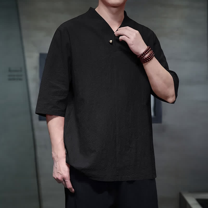 Buddha Stones Summer Casual Tang Style Mandarin Collar Solid Men's Short Sleeve Shirts - image 17