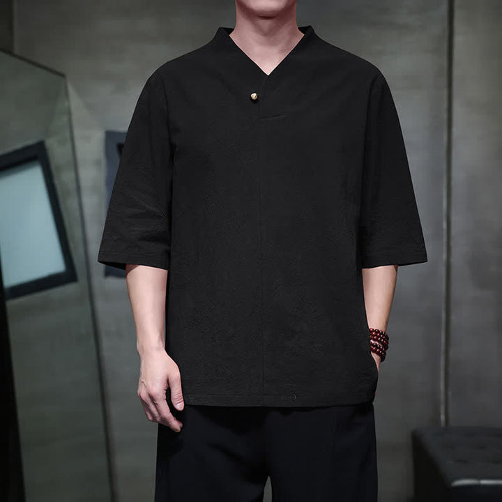 Buddha Stones Summer Casual Tang Style Mandarin Collar Solid Men's Short Sleeve Shirts - Black - US/UK/AU46, EU56 (5XL) - image 13