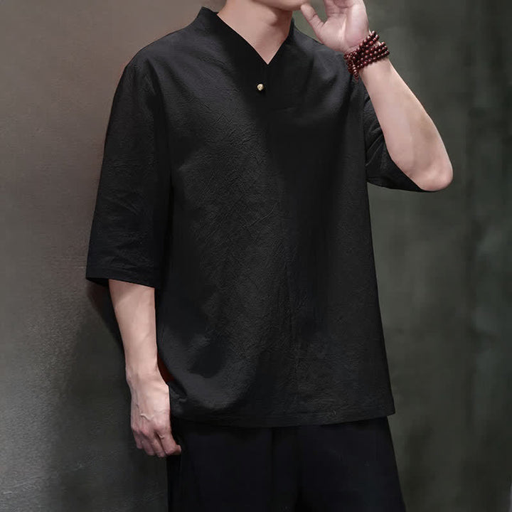 Buddha Stones Summer Casual Tang Style Mandarin Collar Solid Men's Short Sleeve Shirts - image 16