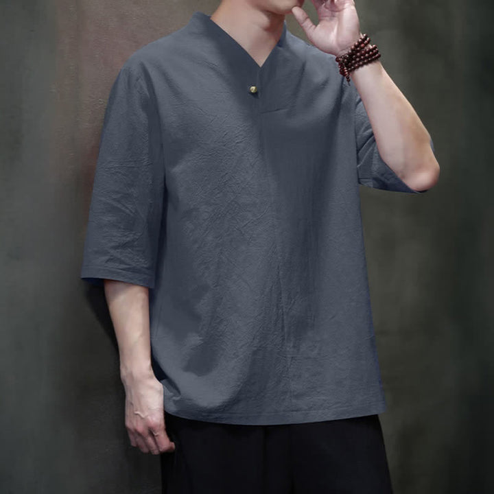 Buddha Stones Summer Casual Tang Style Mandarin Collar Solid Men's Short Sleeve Shirts - image 2