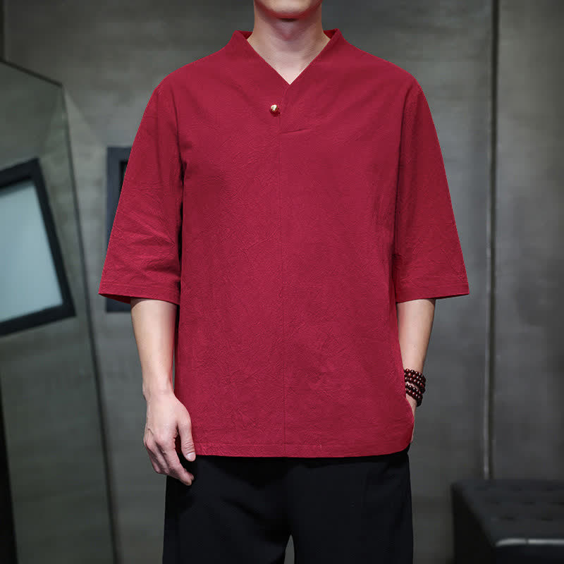 Buddha Stones Summer Casual Tang Style Mandarin Collar Solid Men's Short Sleeve Shirts - FireBrick - US/UK/AU46, EU56 (5XL) - image 6