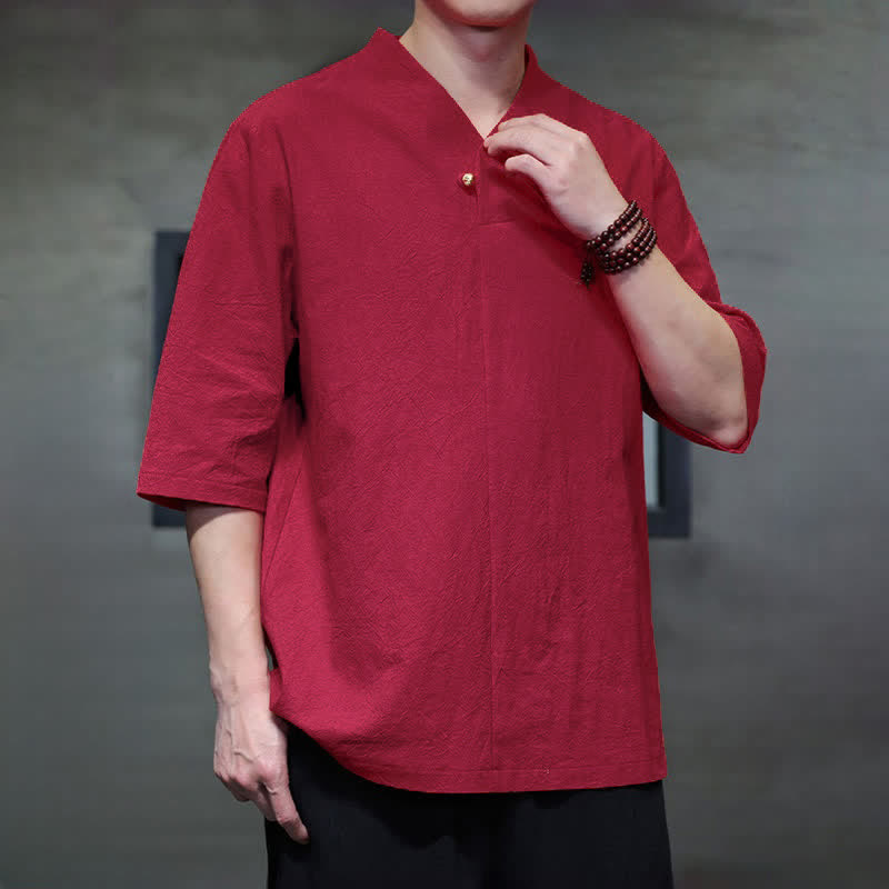 Buddha Stones Summer Casual Tang Style Mandarin Collar Solid Men's Short Sleeve Shirts - image 10