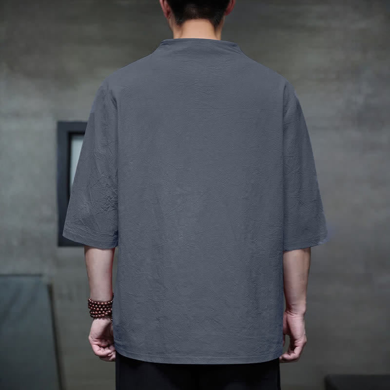 Buddha Stones Summer Casual Tang Style Mandarin Collar Solid Men's Short Sleeve Shirts - image 5