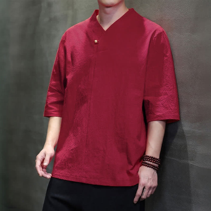 Buddha Stones Summer Casual Tang Style Mandarin Collar Solid Men's Short Sleeve Shirts - image 9