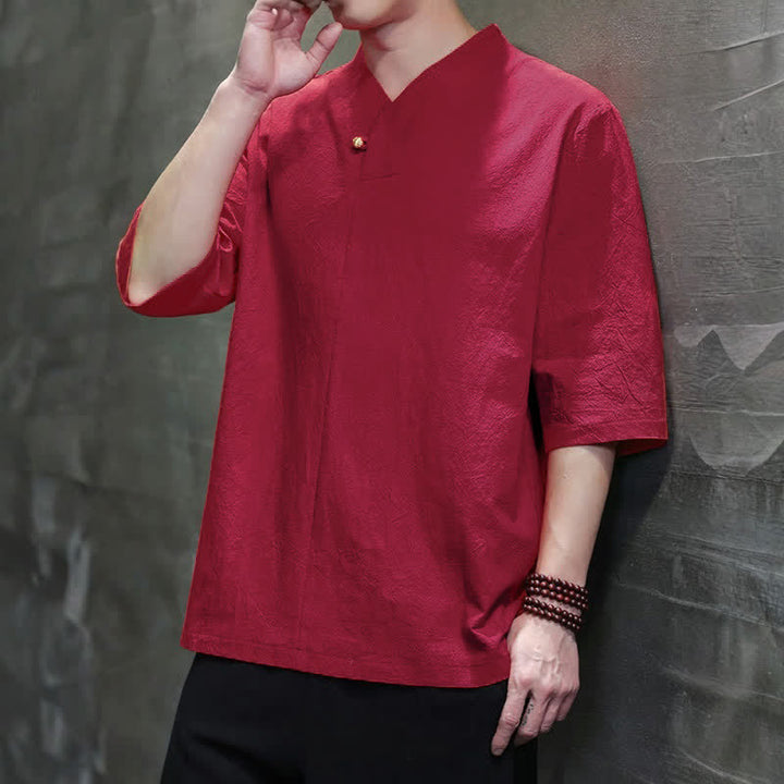 Buddha Stones Summer Casual Tang Style Mandarin Collar Solid Men's Short Sleeve Shirts - image 8
