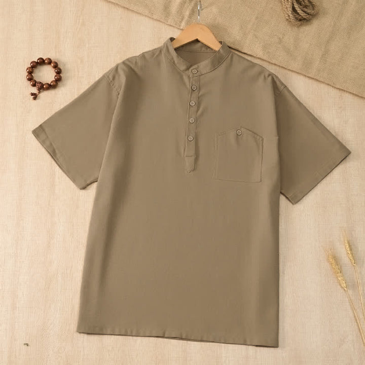 Buddha Stones Summer Casual Tang Style Mandarin Collar Solid Men's Short Sleeve Shirts With Pocket - Tan - US/UK/AU42, EU52 (3XL) - image 0