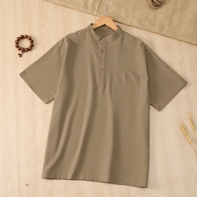 Buddha Stones Summer Casual Tang Style Mandarin Collar Solid Men's Short Sleeve Shirts With Pocket - image 3