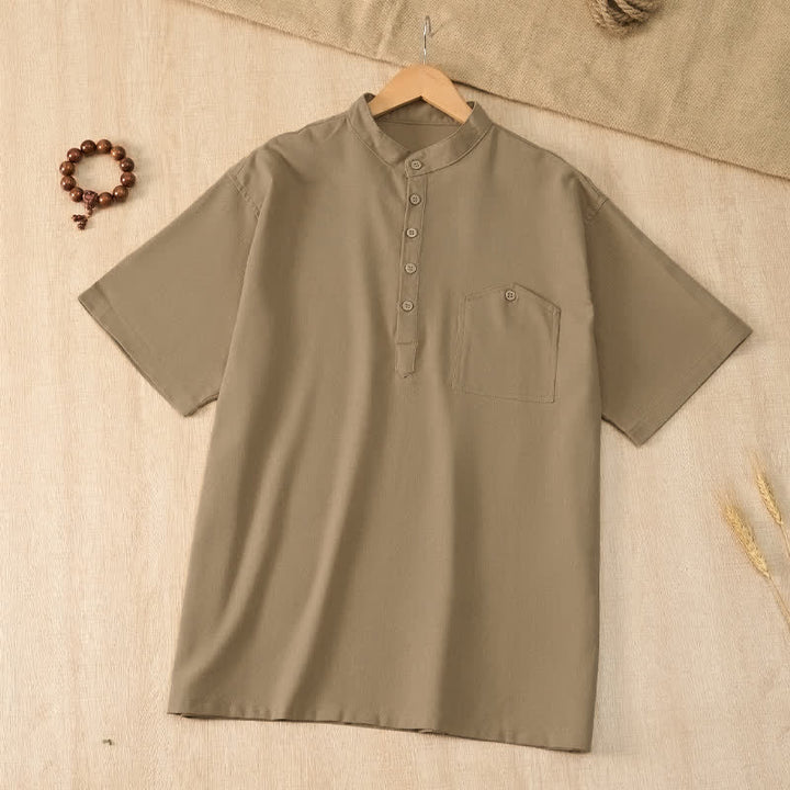 Buddha Stones Summer Casual Tang Style Mandarin Collar Solid Men's Short Sleeve Shirts With Pocket - image 3
