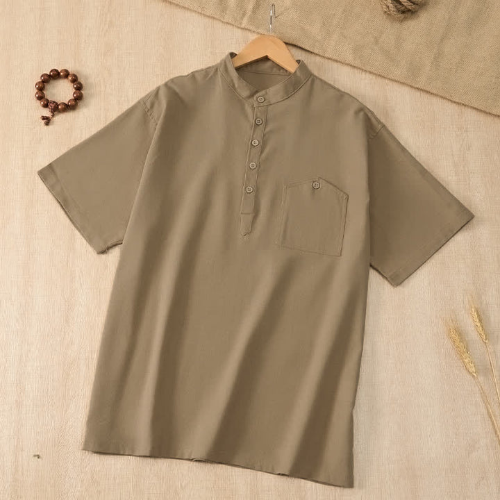 Buddha Stones Summer Casual Tang Style Mandarin Collar Solid Men's Short Sleeve Shirts With Pocket - image 2