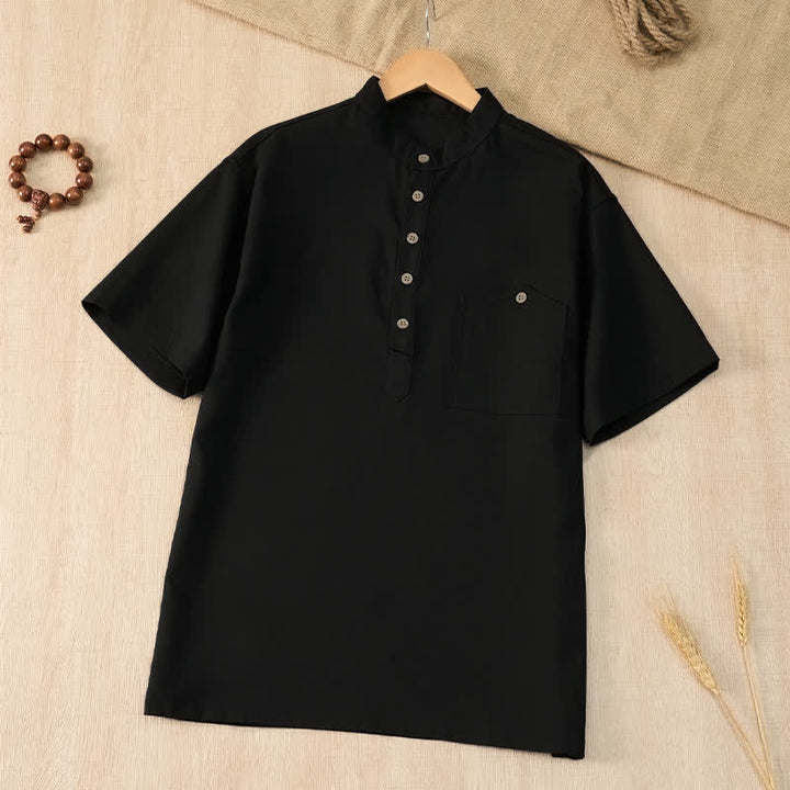 Buddha Stones Summer Casual Tang Style Mandarin Collar Solid Men's Short Sleeve Shirts With Pocket - Black - US/UK/AU42, EU52 (3XL) - image 10