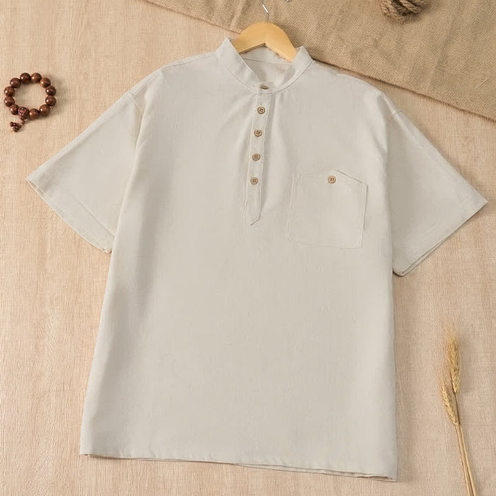 Buddha Stones Summer Casual Tang Style Mandarin Collar Solid Men's Short Sleeve Shirts With Pocket - Beige - US/UK/AU42, EU52 (3XL) - image 19