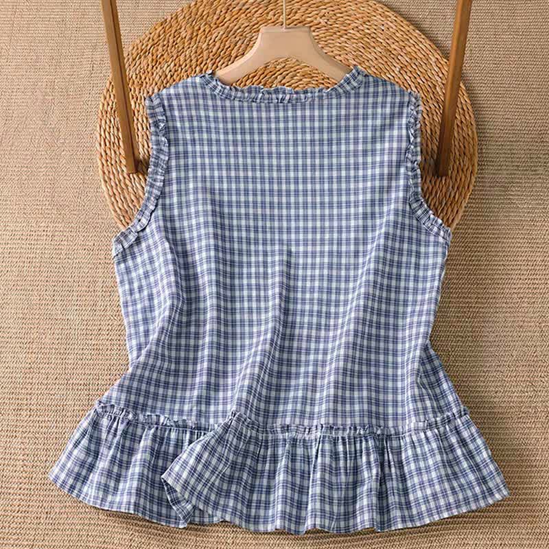 Buddha Stones Summer Casual Vintage Ruffle V-Neck Plaid Tank Top Women's Sleeveless T-Shirts - image 1