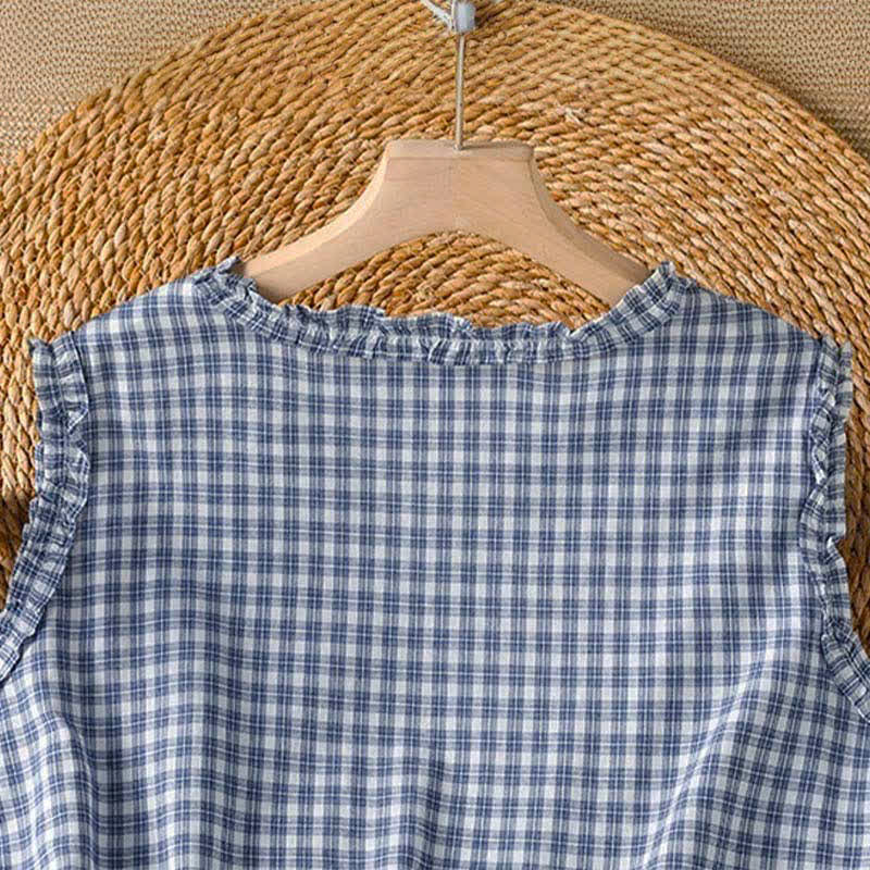 Buddha Stones Summer Casual Vintage Ruffle V-Neck Plaid Tank Top Women's Sleeveless T-Shirts - image 3