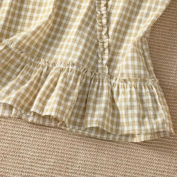 Buddha Stones Summer Casual Vintage Ruffle V-Neck Plaid Tank Top Women's Sleeveless T-Shirts - image 12