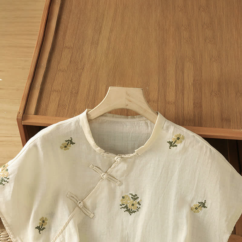 Buddha Stones Summer Casual Tang Style Mandarin Collar Embroidery Floral Tank Top Women's Sleeveless Shirts - image 2