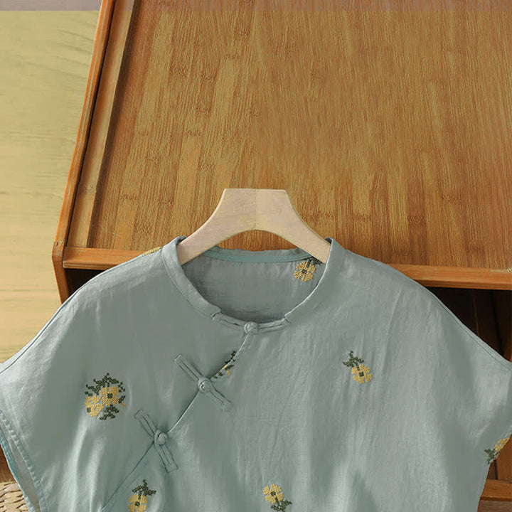 Buddha Stones Summer Casual Tang Style Mandarin Collar Embroidery Floral Tank Top Women's Sleeveless Shirts - image 10