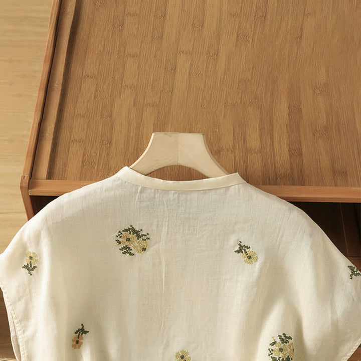 Buddha Stones Summer Casual Tang Style Mandarin Collar Embroidery Floral Tank Top Women's Sleeveless Shirts - image 3