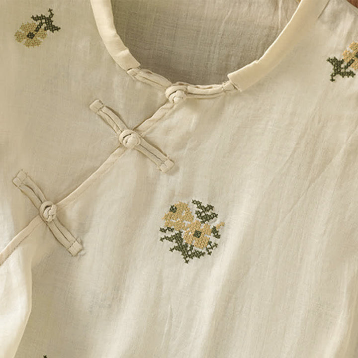 Buddha Stones Summer Casual Tang Style Mandarin Collar Embroidery Floral Tank Top Women's Sleeveless Shirts - image 4