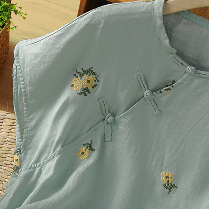 Buddha Stones Summer Casual Tang Style Mandarin Collar Embroidery Floral Tank Top Women's Sleeveless Shirts - image 13