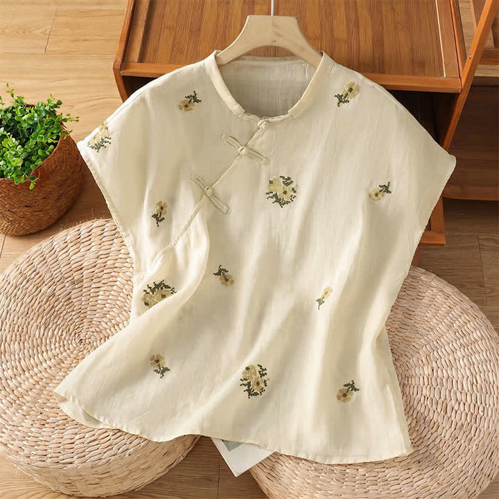 Buddha Stones Summer Casual Tang Style Mandarin Collar Embroidery Floral Tank Top Women's Sleeveless Shirts - White - US12, UK/AU16, EU44 (2XL) - image 0