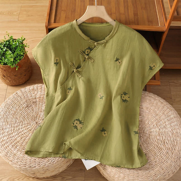 Buddha Stones Summer Casual Tang Style Mandarin Collar Embroidery Floral Tank Top Women's Sleeveless Shirts - OliveDrab - US12, UK/AU16, EU44 (2XL) - image 15