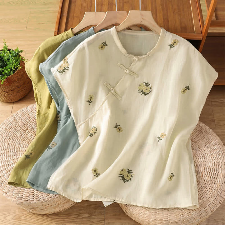Buddha Stones Summer Casual Tang Style Mandarin Collar Embroidery Floral Tank Top Women's Sleeveless Shirts - image 23