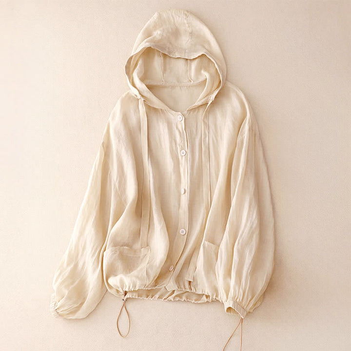 Buddha Stones Summer Casual Minimalist Button-Up Drawstring Solid Women's Long Sleeve Shirts With Pocket - Linen - US14, UK/AU18, EU46 (2XL) - image 0