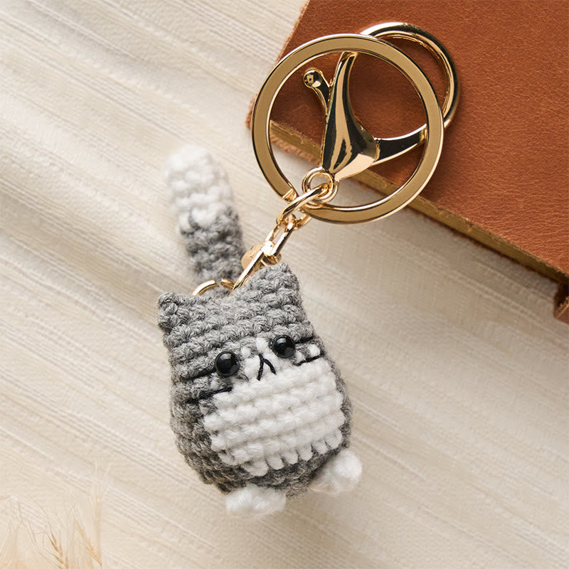 Buddha Stones Handmade Crochet Cute Cat Bag Charm Softness Keychains - Light Gray Cat - image 5