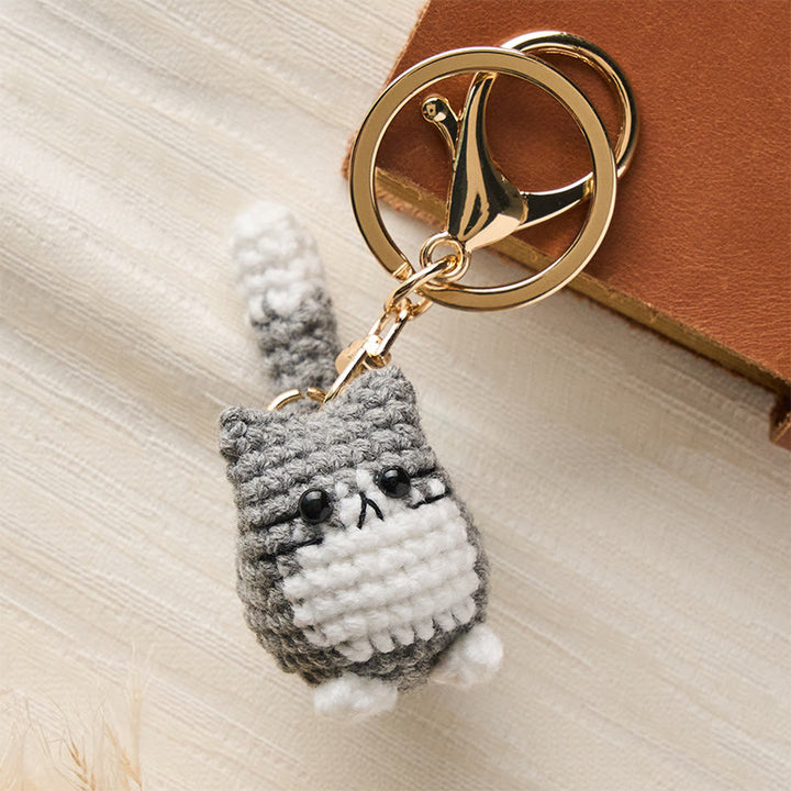 Buddha Stones Handmade Crochet Cute Cat Bag Charm Softness Keychains - Light Gray Cat - image 5